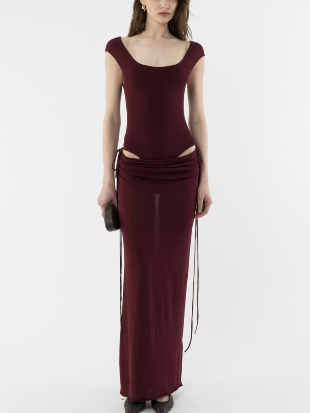 ARAKII Draped Cut Out Dress - Burgundy Wine Red Knit Quiet Lux